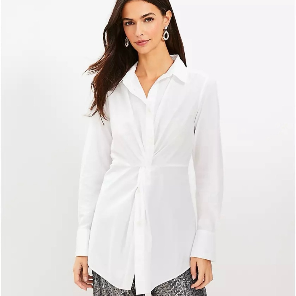 LOFT Women’s Dress Shirt Size 14 – White Button-Down Blouse – Twist Front – NWT - Picture 1 of 9